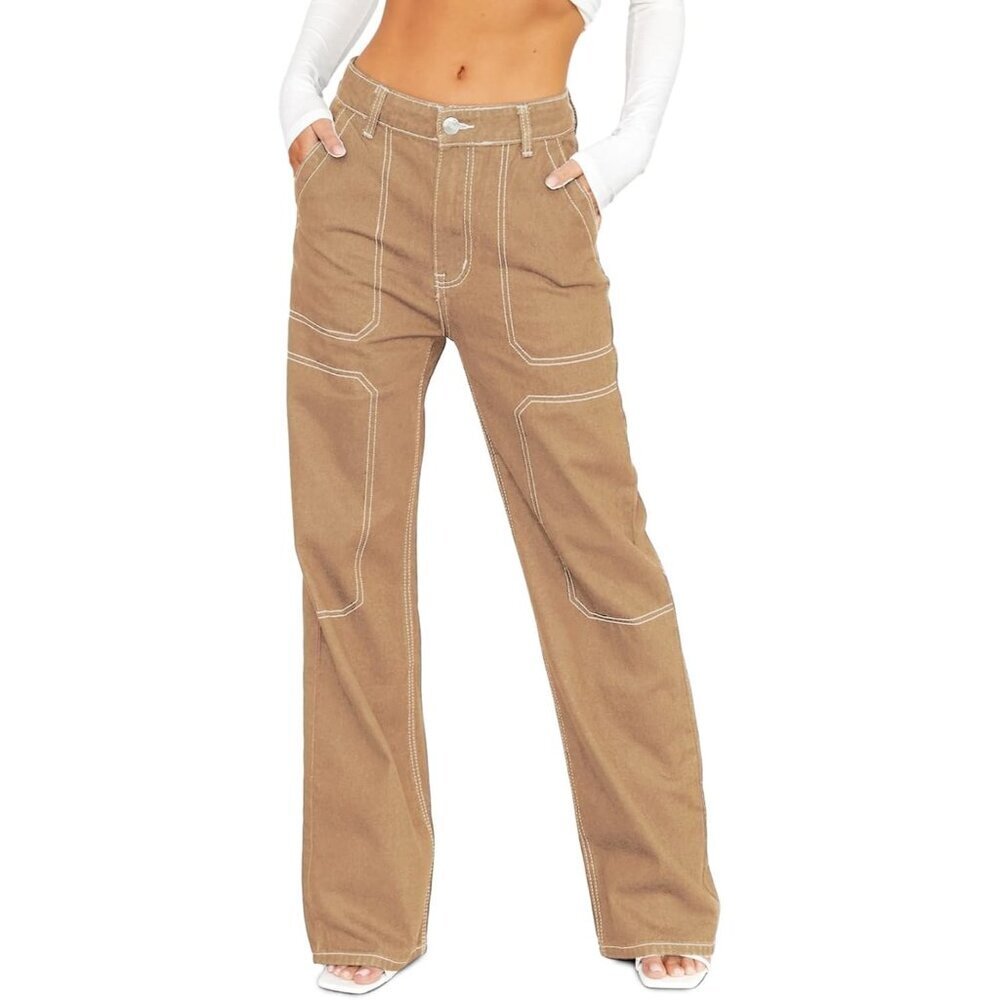 Women's Khaki Casual Mid Waist Stretch Button Wide Leg Denim Cargo Pants